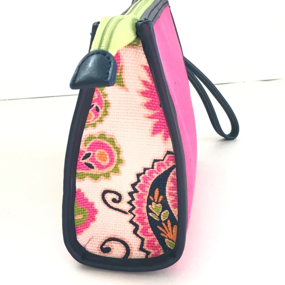 SPARTINA Daufuskie Island Wristlet Pouch Linen Leather Bag Pink Floral Paisley - Picture 12 of 16